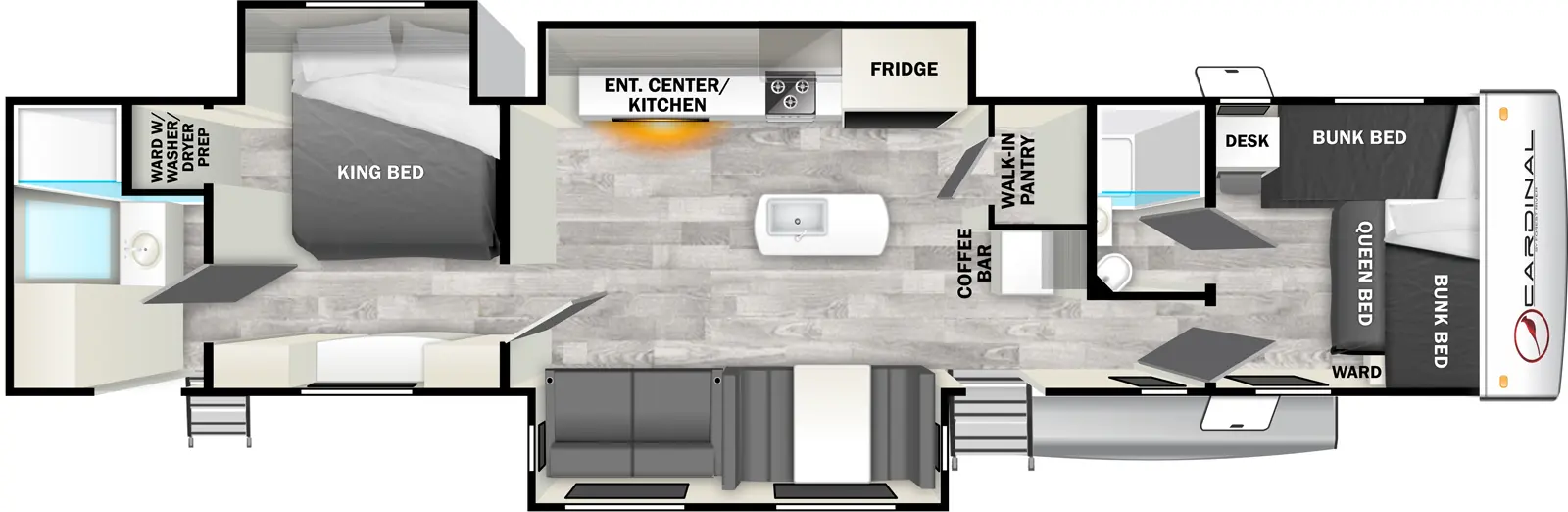 The 35FUN has three slideouts and two entries. Interior layout front to back: queen bed with bunk beds above on front and off-door side, wardrobe, desk, and full bathroom; coffee bar and walk-in pantry along inner wall; door side entry and slideout with dinette and sofa; off-door side slideout with refrigerator, kitchen counter with cooktop, and entertainment center; kitchen island with sink; mid bedroom with off-door side king bed slideout and loft above, and off-door side wardrobe with washer/dryer prep; rear full bathroom with second entry.